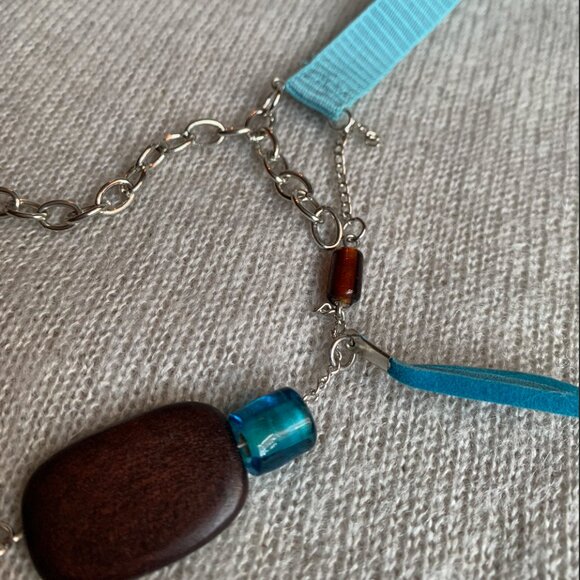 3x35$ 🐿 🍁 CREATION -Short necklace double layers with ribbon attach Aqua brown - Picture 5 of 10